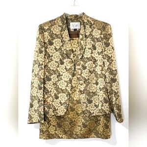 Le Suit Women's Floral Green & Gold Sheen Skirt Suit.  Size 10P